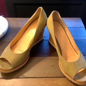Green suede open toed Cole Haan platform sandals